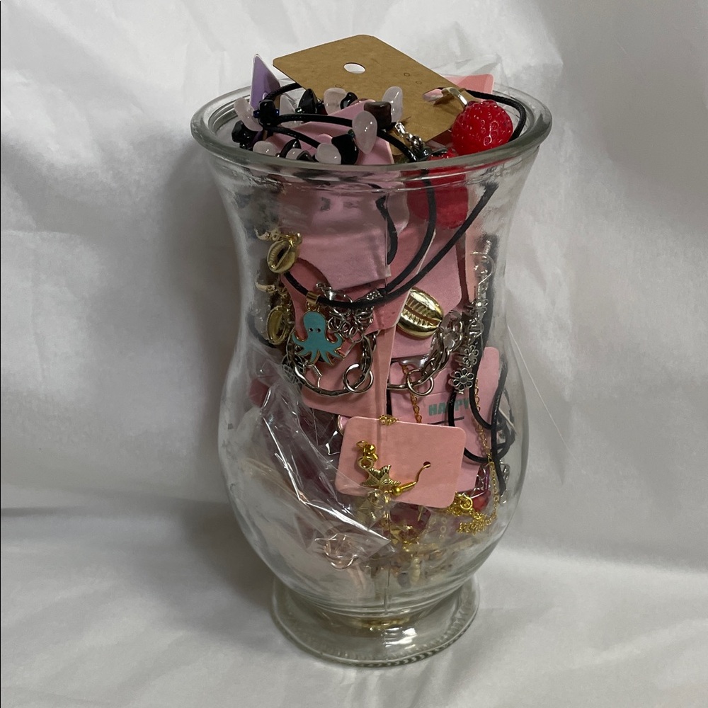 Assorted NWT Jewelry in Glass Vase - Picture 2 of 14